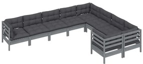 9 pcs conjunto lounge de jardim c/ almofadões pinho cinza