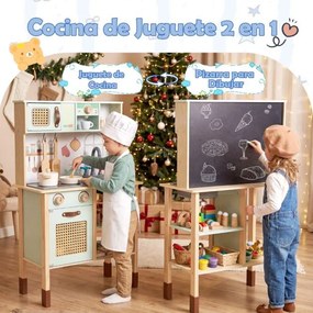 Cozinha de brincar em madeira 60 x 29 x 95 cm com luzes, sons, acessórios, forno, lava-loiça e cafeteira para crianças com mais de 3 anos, verde