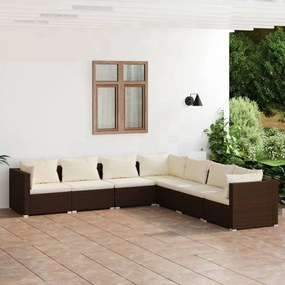 7 pcs conjunto lounge jardim c/ almofadões vime PE castanho