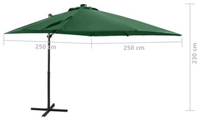 Guarda-sol jardim cantilever c/ poste e luzes LED 250 cm verde