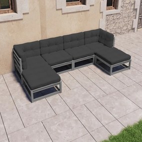 6 pcs conjunto lounge de jardim + almofadões pinho maciço cinza