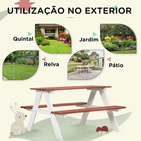 Conjunto de Mesa e 2 Bancos Infantil de Madeira Mesa de Piquenique para Crianças de 3-8 Anos 89x79x50 cm Castanho e Branco