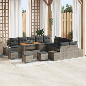 Conjunto de Sofá de Jardim com 14 Peças e Almofadas Cinza Rattan Sintético Acácia