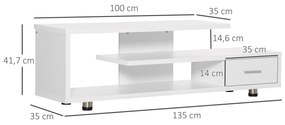 HOMCOM Móvel de TV para Televisores de até 45” Móvel de TV Moderno com 3 Prateleiras e 1 Gaveta para Dormitório Carga Máxima 60kg 135x35x41,7cm Branco