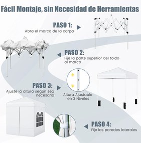 Tenda dobrável 194 x 194 cm, com 4 paredes laterais, 3 alturas ajustáveis, e 4 sacos de areia, 8 estacas, branca
