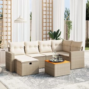 7 pcs conjunto de sofás p/ jardim com almofadões vime PE bege