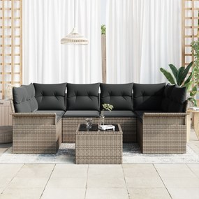 Conjunto de Sofá de Jardim 7 Peças com Almofadas Cinzentas em Vime Pol