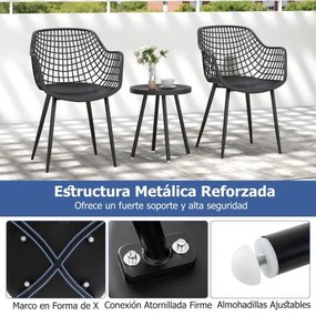 Conjunto de jardim de 3 peças 2 cadeiras Bistro e mesa de apoio PP Metal Stand Conjunto de mobiliário de exterior para interior Preto