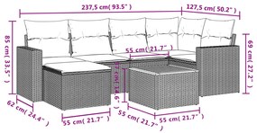 7 pcs conjunto de sofás p/ jardim com almofadões vime PE bege