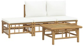 4 pcs conjunto lounge de jardim bambu c/ almofadões branco nata