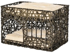 PawHut Cesta de Vime para Gatos de 2 Alturas Cama Caverna de Gatos com 2 Almofadas Suaves e Janela 56x41x45cm Café Escuro