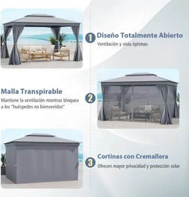 Pérgula de jardim 3 x 4 m com teto duplo Estrutura metálica Paredes laterais com rede mosquiteira e 8 estacas para terraço Jardim  Cinza