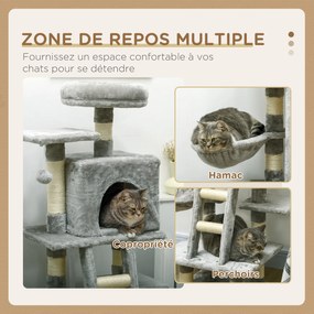 Arranhadores para gatos com vários acessórios: arranhadores, plataformas, nichos, escada, rede e bola suspensa – cinzenta