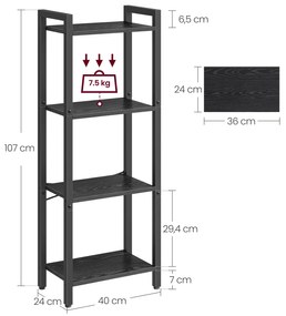 Estante com 4 níveis e prateleiras abertas 24 x 40 x 107 cm preta