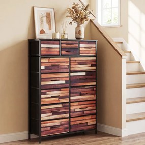 Cómoda com 14 gavetas com gavetas em tecido 85 x 30 x 120 cm, estrutura metálica, organizador para quarto Preto + Castanho