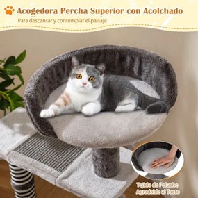 Arranhador para gatos 49 x 49 x 93 cm com 5 níveis de sisal e juta, tapetes, prateleira acolchoada, 3 plataformas, bolas suspensas e com mola, cinza