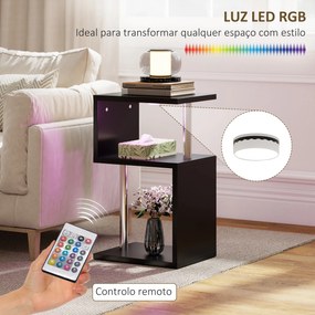Mesa Auxiliar com Luz LED 3 Níveis Forma de S Prateleiras Abertas e Estrutura em Alumínio 44x38x75 cm Preto Brilhante