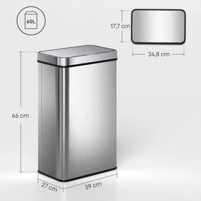 Caixote do lixo com sensor de 60 L com tampa de fecho suave 39 x 27 x 66 cm, caixote do lixo automático de cozinha em aço inoxidável, prateado