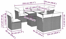 9 pcs conjunto de sofás p/ jardim c/ almofadões vime PE preto