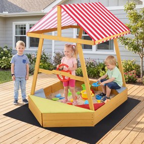 Caixa de areia infantil em madeira de abeto 135 x 103 x 140 cm, em forma de barco, com toldo em poliéster, volante giratório, 4 assentos e tapete, Ver