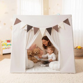 Tenda infantil 120x120x105cm com tapete lavável e bandeiras coloridas para canto de leitura para crianças a partir de 3 anos bege