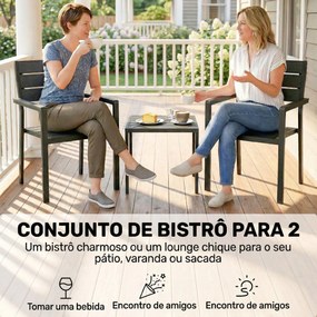 Conjunto de Jardim de 3 Peças com 2 Cadeiras e Mesa de HDPE Design com Ripas Efeito Madeira para Varanda Preto