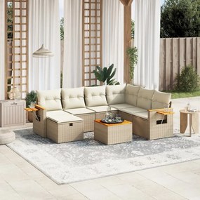 8 pcs conjunto de sofás p/ jardim com almofadões vime PE bege
