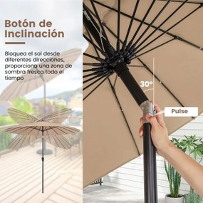 Guarda-sol redondo de 265 cm com 18 varas de fibra de vidro, botão de inclinação, manivela e toldo de alumínio para pátio ou piscina Café