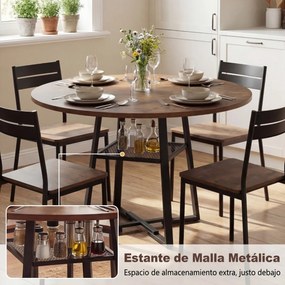 Mesa redonda de 120 cm com prateleira em malha (CADEIRAS INCLUIDAS) e estrutura metálica com travessas de madeira para 4-6 pessoas, castanho rústico e