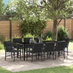 vidaXL Conjunto de Jantar de Jardim de 9 Peças com Almofadas Preto Vime Poliéster