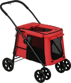 Carrinho de bebé dobrável 102 x 62 x 105 cm com motivos de animais (cão e gato), almofada incluída, rodas com travão, tecido Oxford 600D,  vermelho