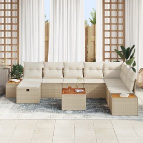 Conjunto de Sofá de Jardim 9 Peças com Almofadas Bege de Rattan Polimé