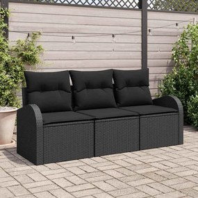 vidaXL Conjunto de Sofá para Jardim de 3 Peças com Almofadas Pretas de Vime Sintético