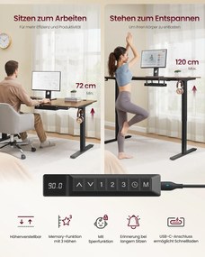 Secretária elétrica com altura ajustável 180 x 80 x (72-120) cm, porta USB e função de memória, castanho vintage