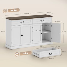 Aparador de sala, móvel de arrumação com 4 portas, 2 gavetas silenciosas, prateleiras ajustáveis, 140 x 40 x 85 cm, branco e castanho