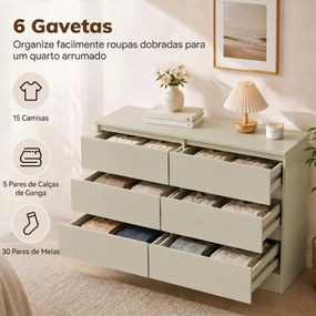 Cómoda com 6 Gavetas, Design Moderno de Coluna Dupla, para Quarto e Sala, 100 x 35 x 69 cm, Castanho Claro