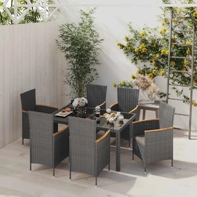 vidaXL 7pcs conjunto jantar exterior c/ almofadões vime PE preto/cinza