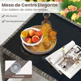 Conjunto de Jardim, 4 peças em rattan com almofadas e tampo em vidro temperado, para jardim, alpendre ou varanda, cinzento