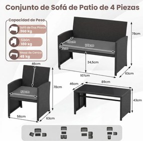 Conjunto de jardim em rattan com 4 peças: sofás de 2 lugares, mesa de vidro temperado e almofadas para exterior, varanda ou piscina, Preto+cinzento
