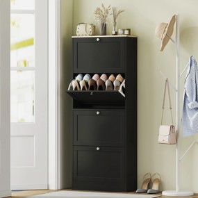 Sapateira com capacidade para 24 pares 60 x 23,5 x 153 cm, com 4 gavetas rebatíveis e prateleiras ajustáveis, preto