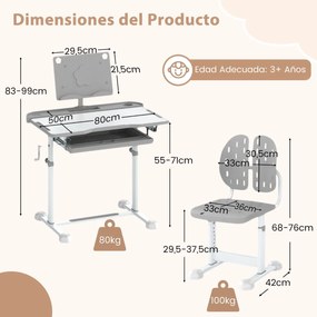 Conjunto de secretária e cadeira para crianças com altura ajustável, tampo inclinável, porta-copos, gaveta e cadeira ergonómica Cinza