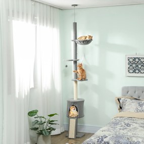 Arranhador para Gatos de Chão a Teto com Altura Ajustável de 220-240 cm Rede Plataformas em Flor Cavernas Rampa e Bola Cinza
