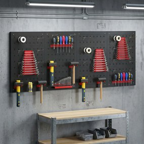 Organizador de Ferramentas de Parede com 38 Peças cada painel 60x40 cm com Ganchos e Suportes Preto e Vermelho