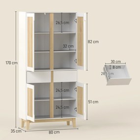 Armário alto de cozinha, armário de cozinha com 4 portas, 2 gavetas e prateleiras ajustáveis, 80 x 35 x 170 cm, branco e carvalho