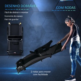 HOMCOM Passadeira de Correr e Andar Dobrável com 12 Programas Velocidade até 14km/h Tela LCD Pulsômetro Superfície 122x41cm e Rodas de Transporte 153x77x124cm Preto