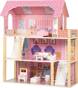 Casa de Bonecas de Madeira com 3 Andares, Varanda, Escadas e 10 Móveis, Brinquedo de Faz de Conta para Crianças 3-6 Anos, Rosa