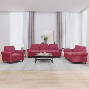 3 pcs conjunto de sofás com almofadões veludo vermelho tinto