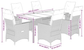 7 pcs conjunto jantar p/ jardim c/ almofadões vime PE castanho