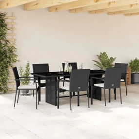 vidaXL 7 pcs conjunto de jantar p/ jardim c/ almofadões vime PE preto