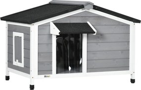 PawHut Casa para Cães de Madeira Casa para Animais de Estimação com Teto Asfáltico 2 Janelas Porta com Cortina Cinza | Aosom Portugal